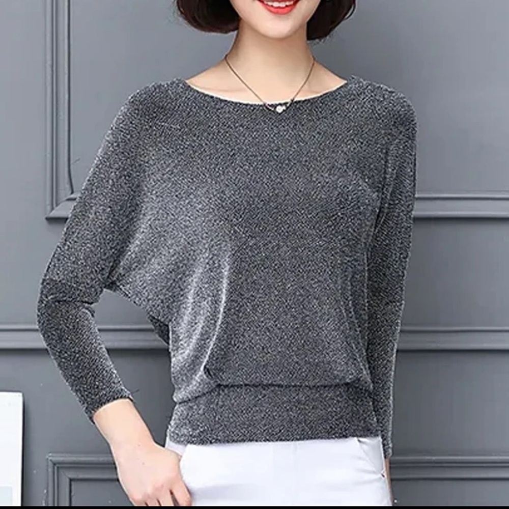 Red Dress Boutique Story Black Silver Shimmer Glitter Round Neck Batwing Top NWT